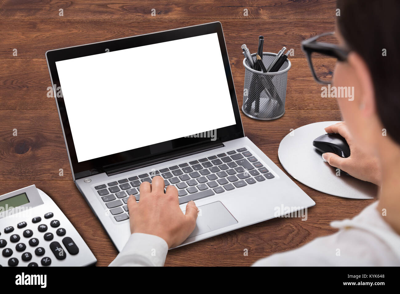 Close-up Of A Businesswoman Using Laptop With Blank White Screen Stock ...