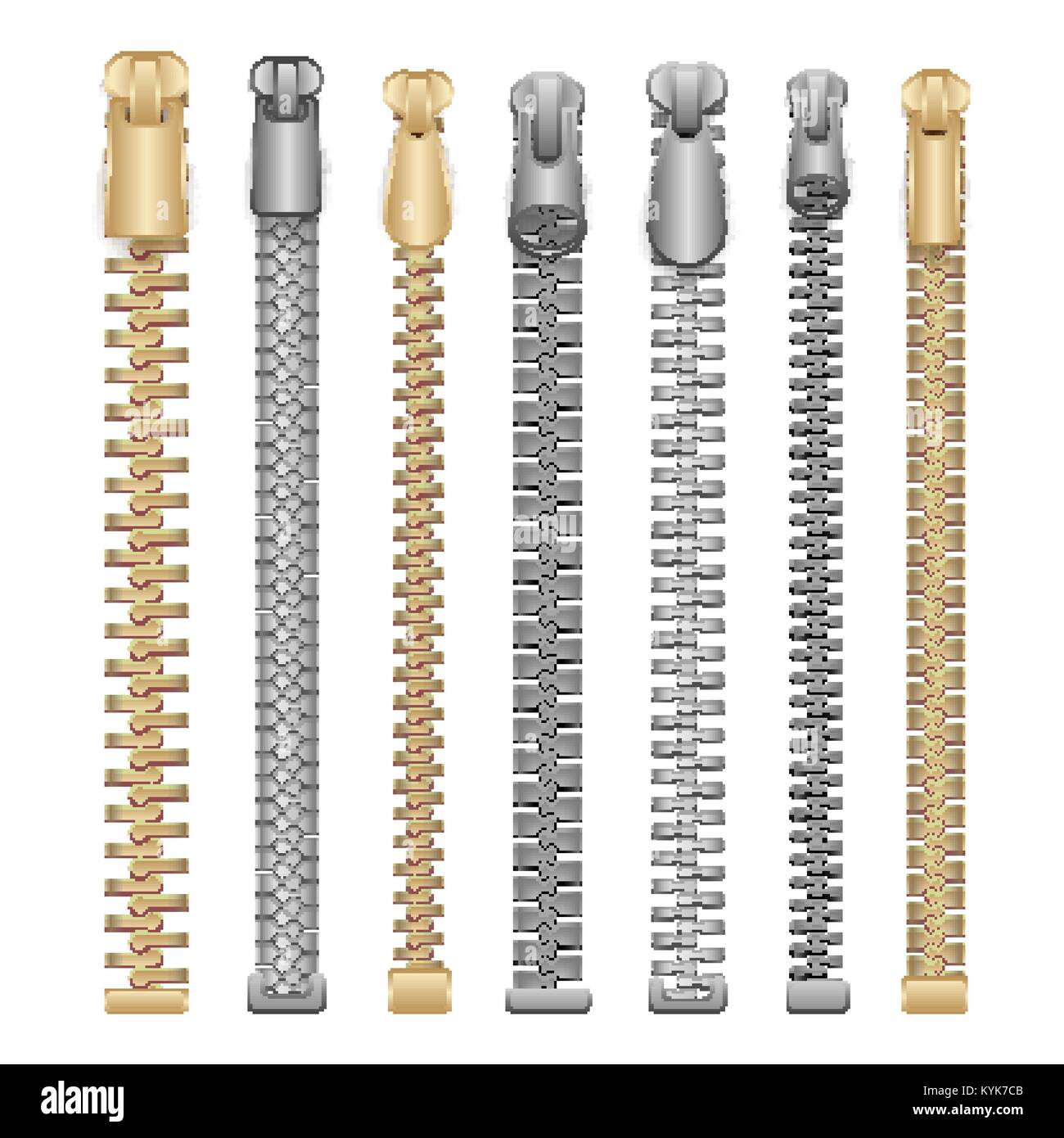 Zipper Realistic Vector. Clothes Zippers Set. Isolated Illustration