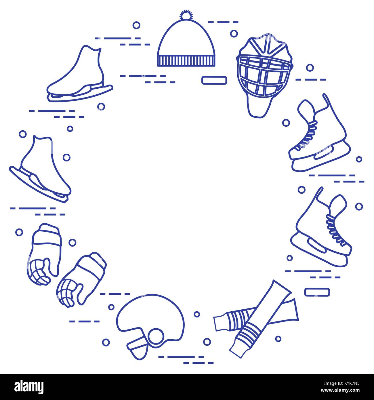 Skates, gloves, hat, goalkeeper's mask and helmet, leggings. Winter sports elements. Stock Vector