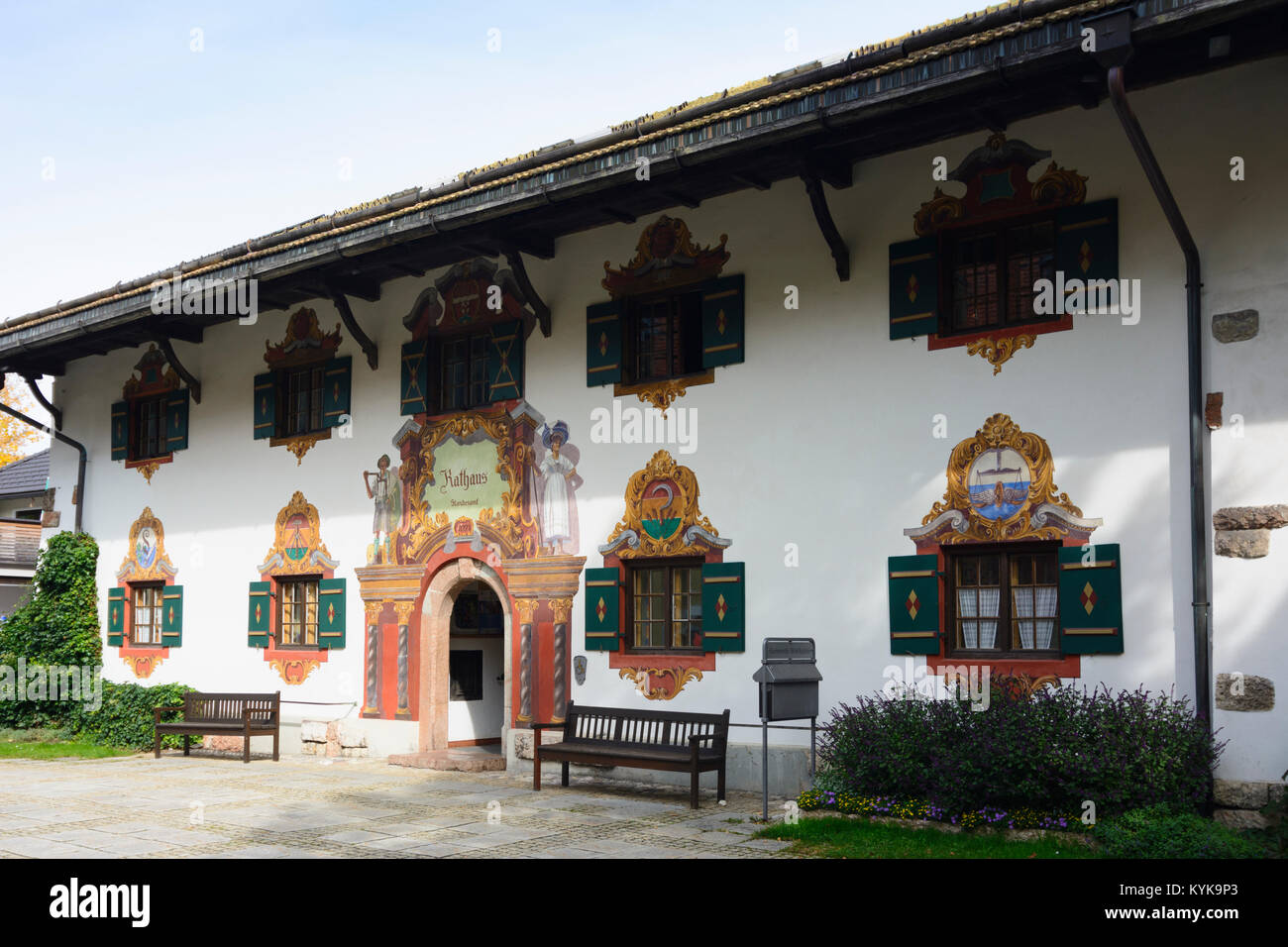 Ruhpolding: Town Hall with paintings Lüftl-Malerei, Oberbayern, Chiemgau, Upper Bavaria, Bayern, Bavaria, Germany Stock Photo