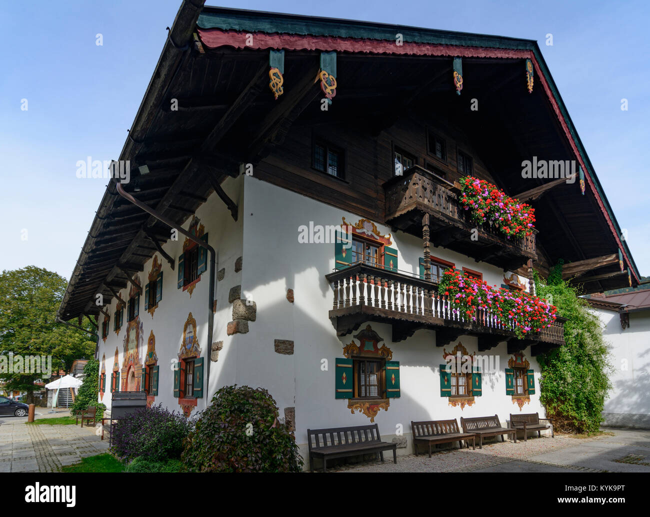Ruhpolding: Town Hall with paintings Lüftl-Malerei, Oberbayern, Chiemgau, Upper Bavaria, Bayern, Bavaria, Germany Stock Photo