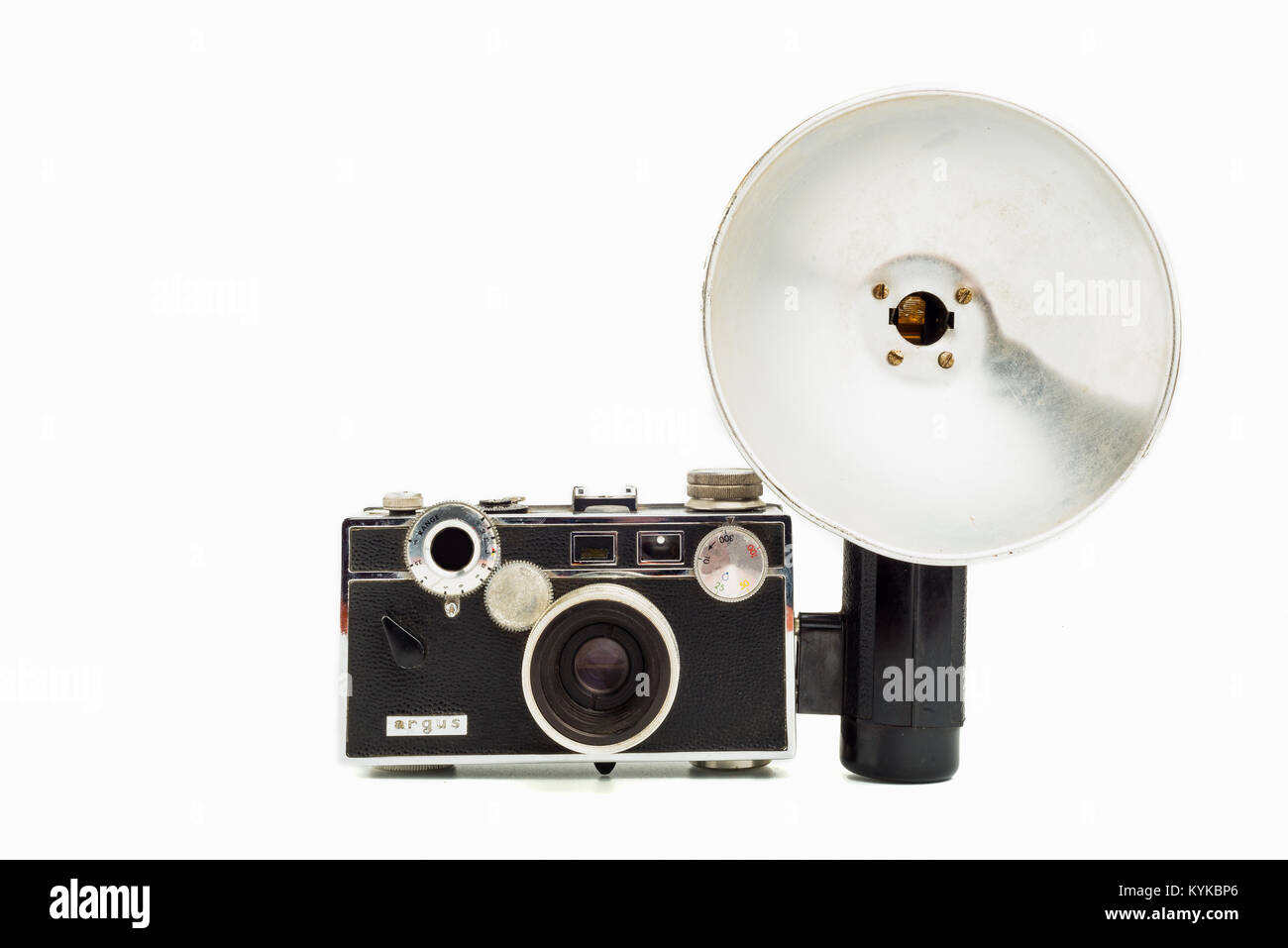 Argus C3, 35mm film camera wit flash on white background Stock Photo
