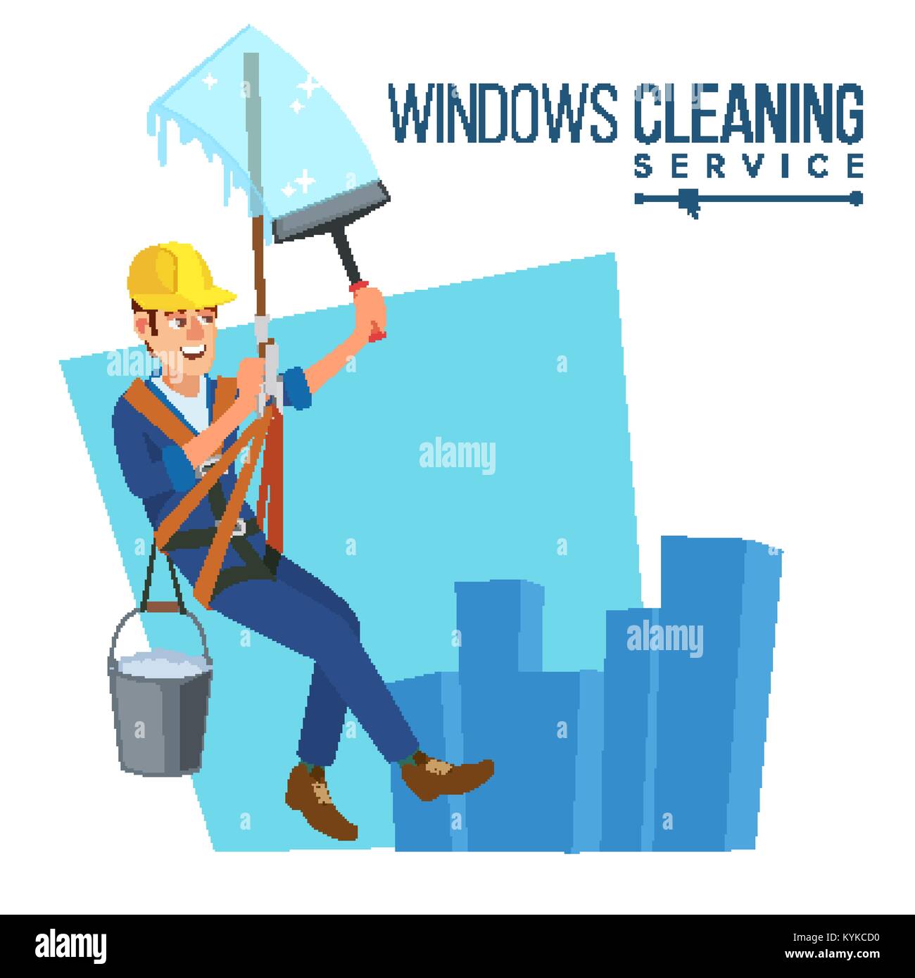 Windows Cleaning Service Vector. Window Washer Is Cleaning High