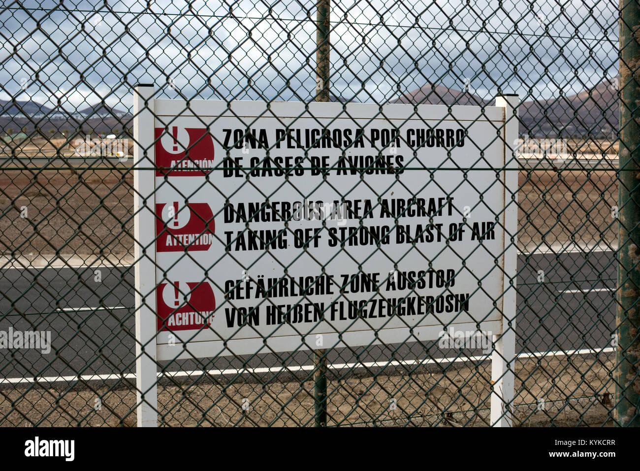 Warning sign at Arrecife Airport, Lanzarote, Canary Islands, Spain. Stock Photo