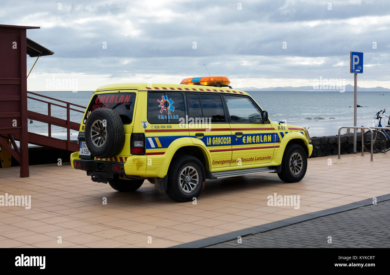 Emergency rescue vehicle, Playa Matagorda, Lanzarote, Canary Islands, Spain. Stock Photo