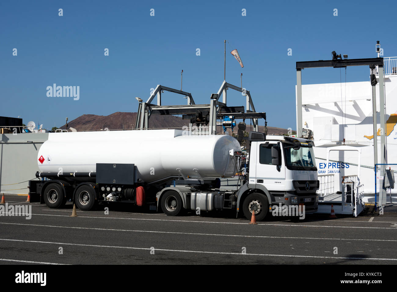 Fuel tanker lorry at Playa Blanca harbour, Lanzarote, Canary Islands, Spain. Stock Photo