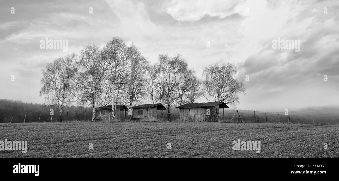 panoramic black and white meadows with wooden houses Stock Photo