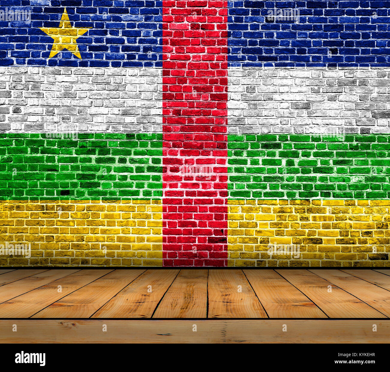 Central African Republic flag painted on brick wall with wooden floor Stock Photo
