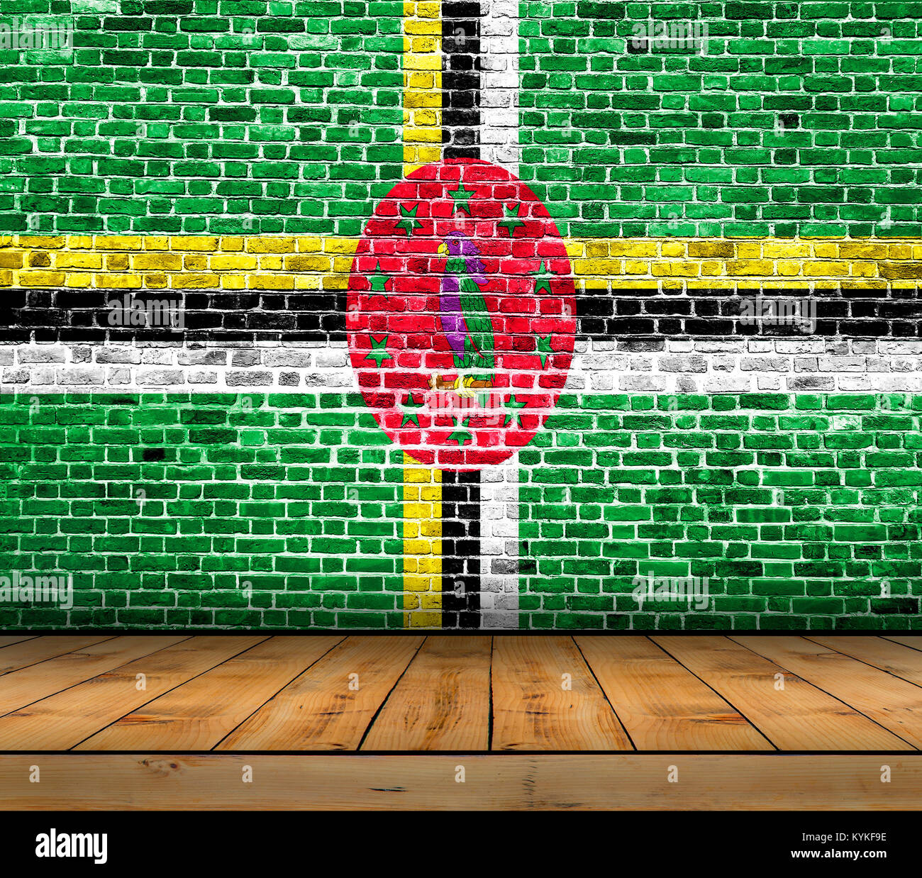 Dominica flag painted on brick wall with wooden floor Stock Photo - Alamy