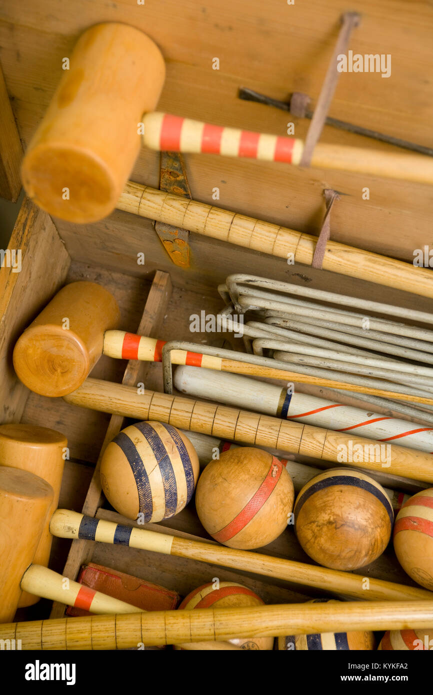 Old wooden croquet game set close up Stock Photo Alamy
