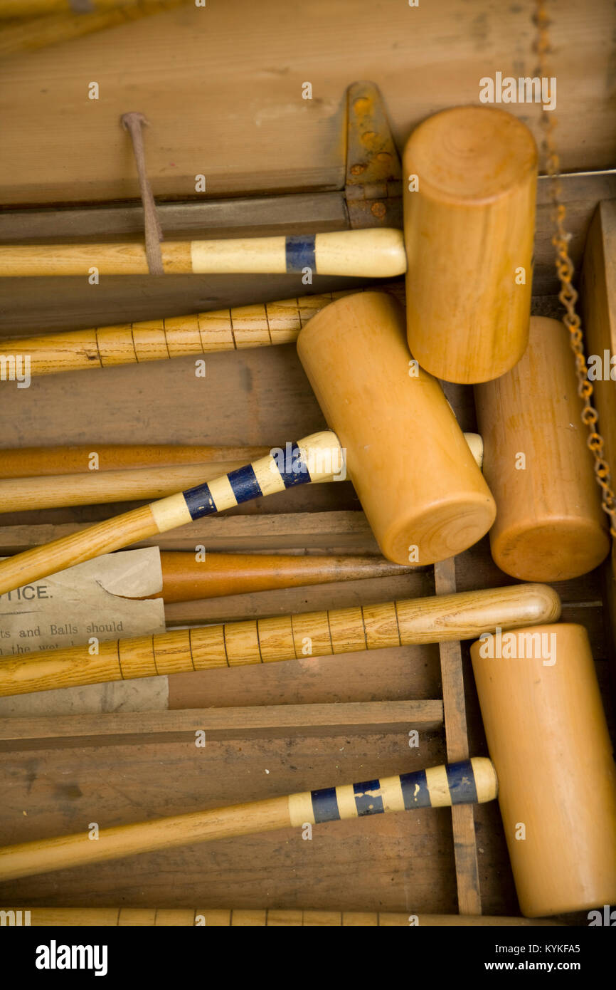 Old wooden croquet game set close up Stock Photo Alamy