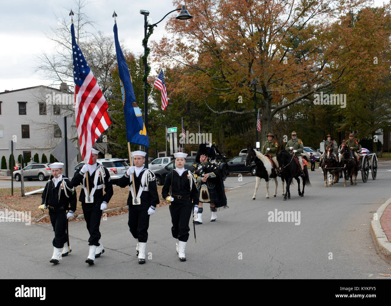CONCORD, Mass. (Nov. 15, 2017) A USS Constitution color guard leads the funeral procession of Medal of Honor recipient Capt. Thomas J. Hudner, Jr. Hudner was a naval aviator and received the Medal of Honor for his actions during the Battle of the Chosin Reservoir during the Korean War. (U.S. Navy photo by Mass Communication Specialist 3rd Class Casey Scoular/Released)171115-N-SM577-0100 Stock Photo