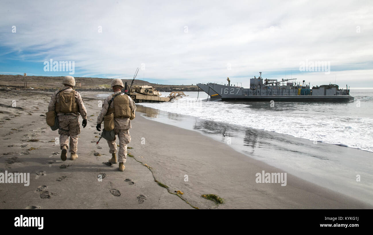 SAN CLEMENTE ISLAND, Calif.(Dec. 9, 2017) U.S. Marines assigned to the  1st Combat Engineer Battalion, 1st Marine Division, observe a beach after a simulated amphibious breach in support of exercise Steel Knight 2018. Steel Knight is a 1st Marine Division led exercise enabling Marines and Sailors to operate in a realistic environment developing necessary skill sets to maintain a fully capable Marine Air Ground Task Force. (U.S. Marine Corps photo by Lance Cpl. Rhita Daniel/Released)171209-M-OB268-0927 Stock Photo