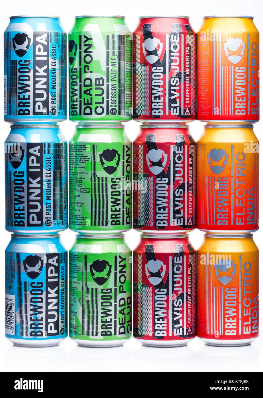 LONDON, UK - JANUARY 02, 2018: Aluminium cans of Brewdog  beer selection, from the Brewdog brewery on white background. Stock Photo