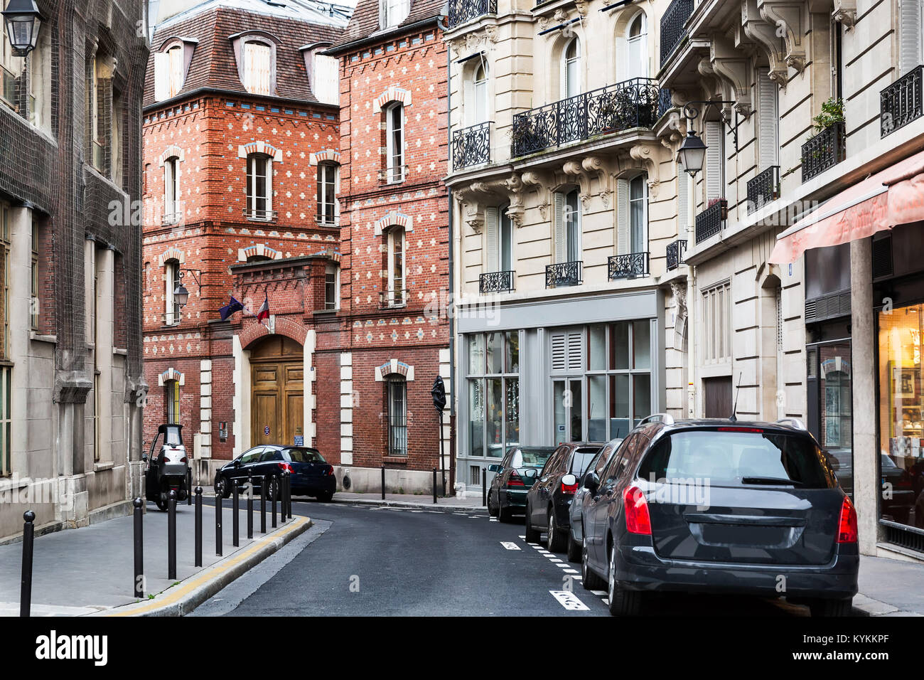 Paris beautiful street in historic neighborhood Stock Photo