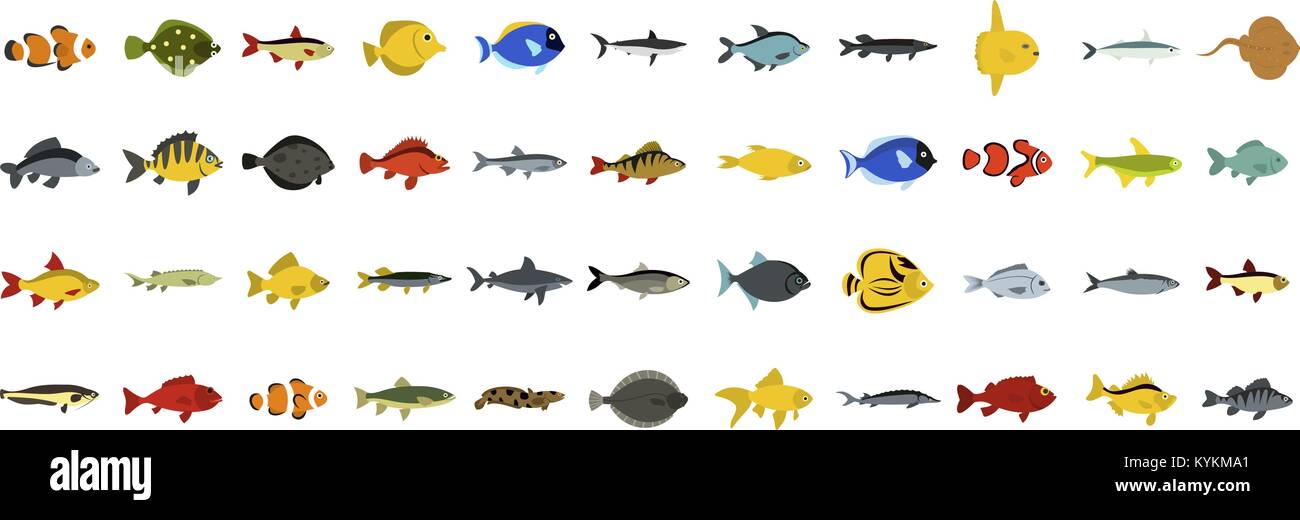 Fish icon set, flat style Stock Vector