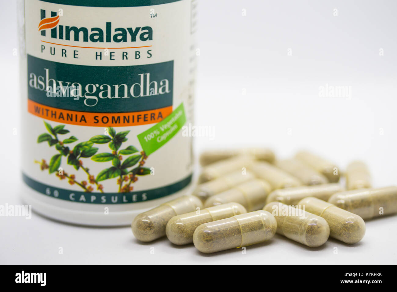 500mg Ashvagandha gel capsules sold as a natural additive to help the immune system with many alleged benefits for the human body. Stock Photo