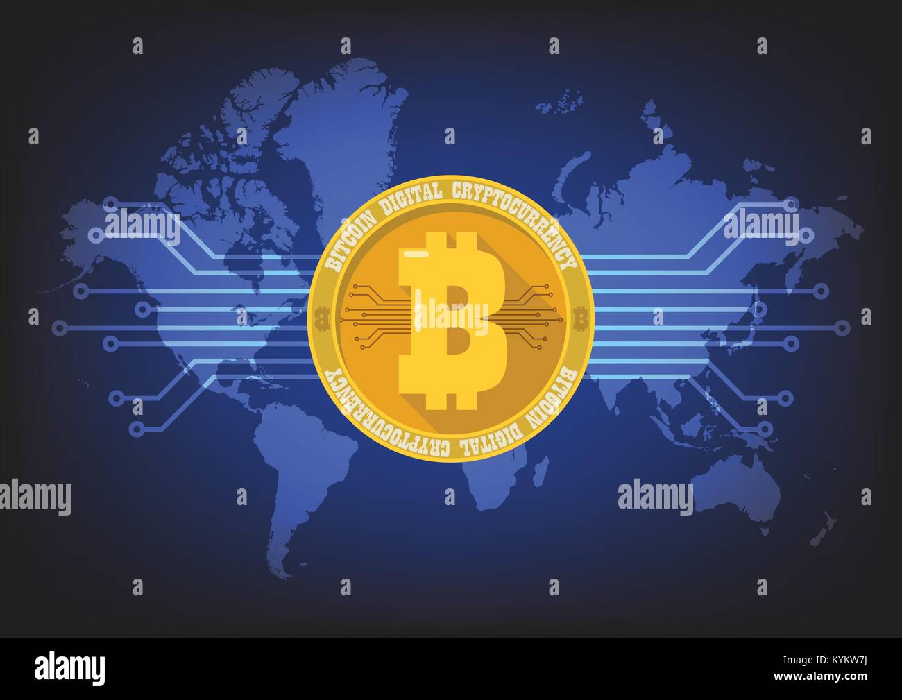 Bitcoin digital cryptocurrency with world map background. Vector illustration Stock Vector