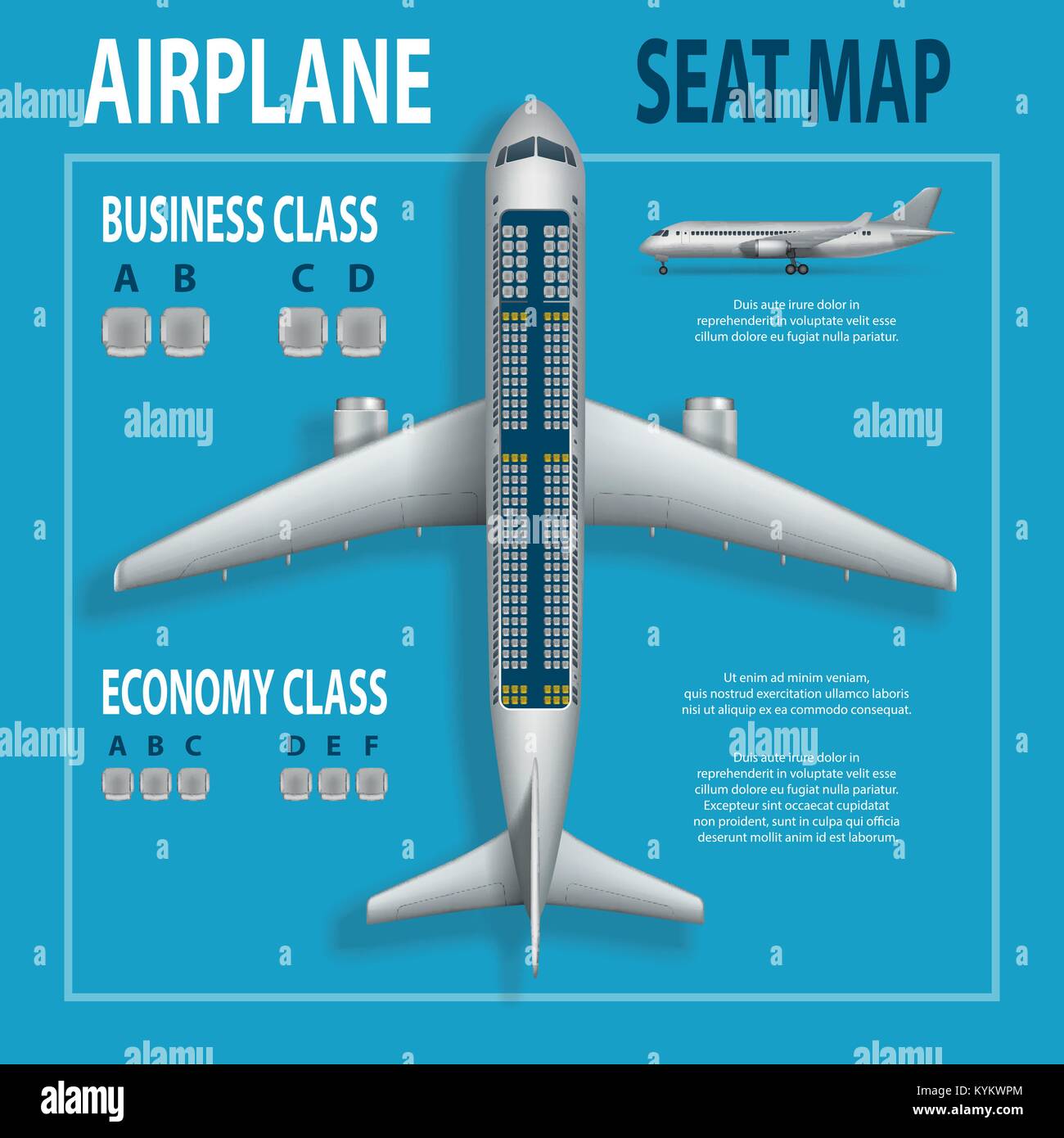 Banner, poster, flyer with airplane seats plan. Business and economy classes top view Aircraft information map. Realistic passenger aircraft indoor seating chart. Vector illustration. Stock Vector