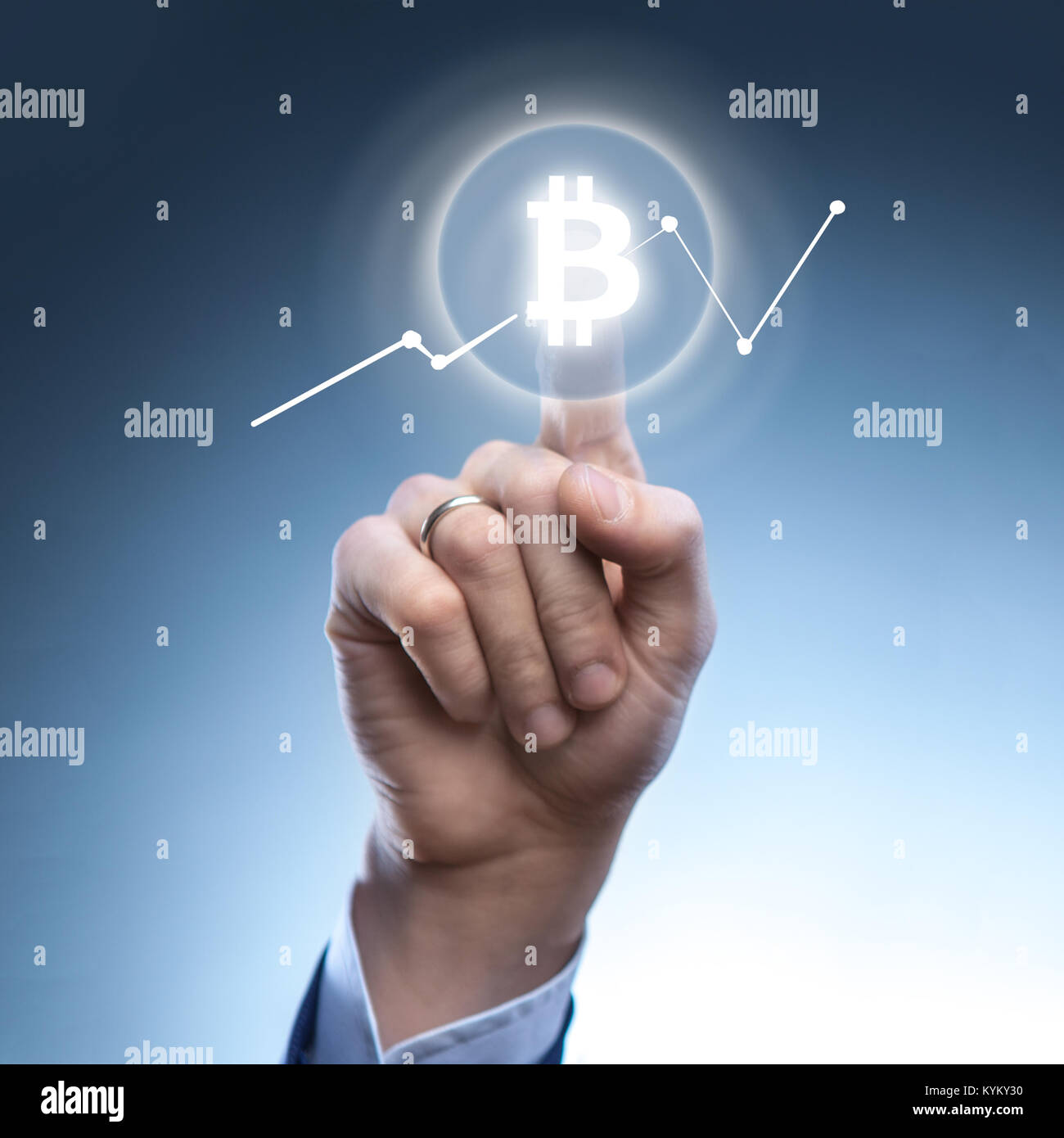 the man clicks Icon Bitcoin on virtual screen Stock Photo - Alamy