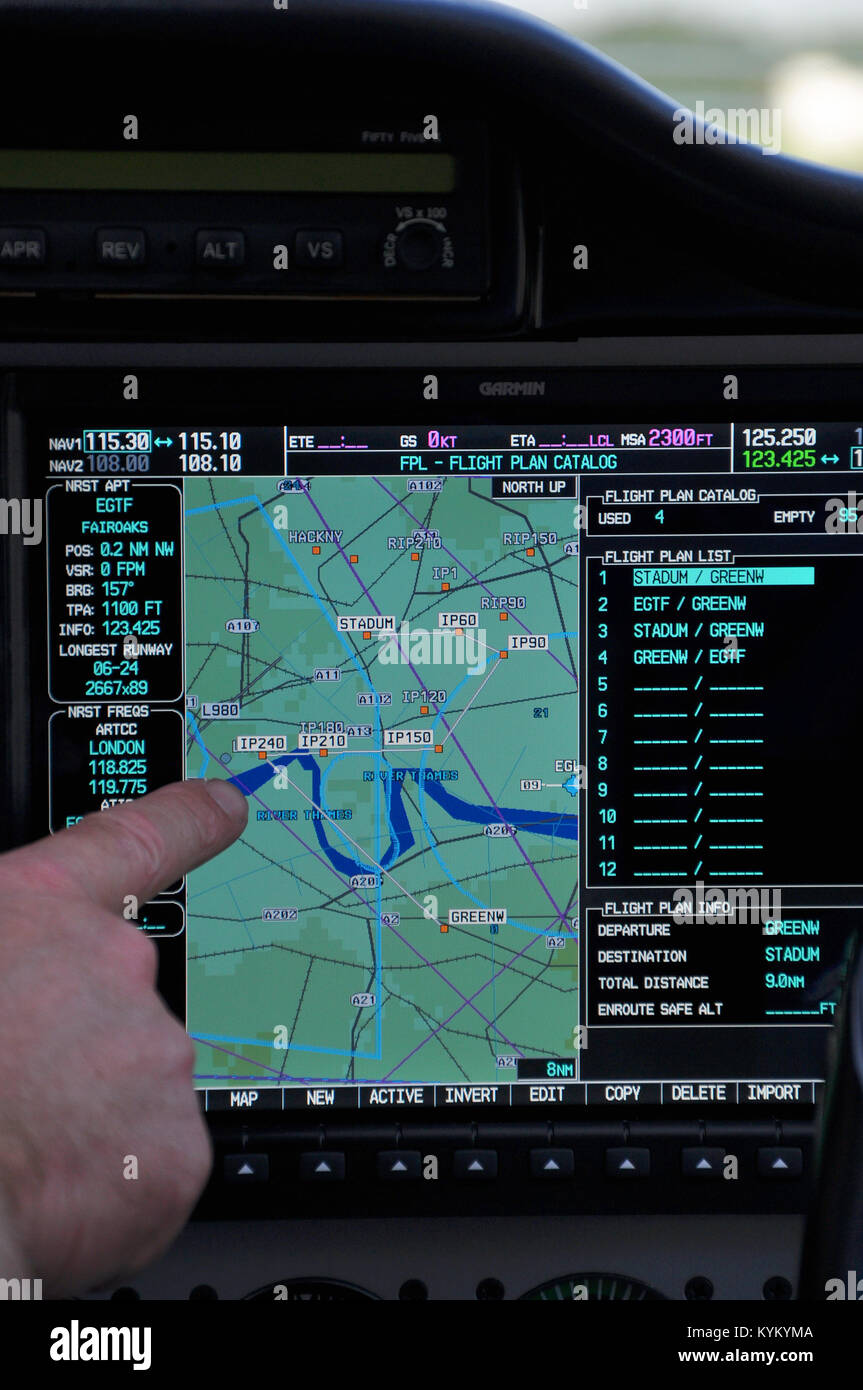 Flight plan used for Paralympics opening ceremony London 2012 in Tecnam P2006T plane fitted with LED lights and pyrotechnics for a light show. Garmin Stock Photo