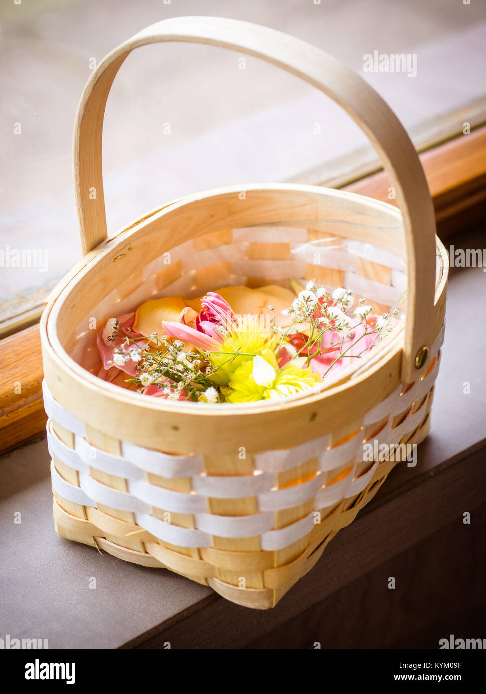 the flower basket for the wedding is waiting for its use Stock Photo