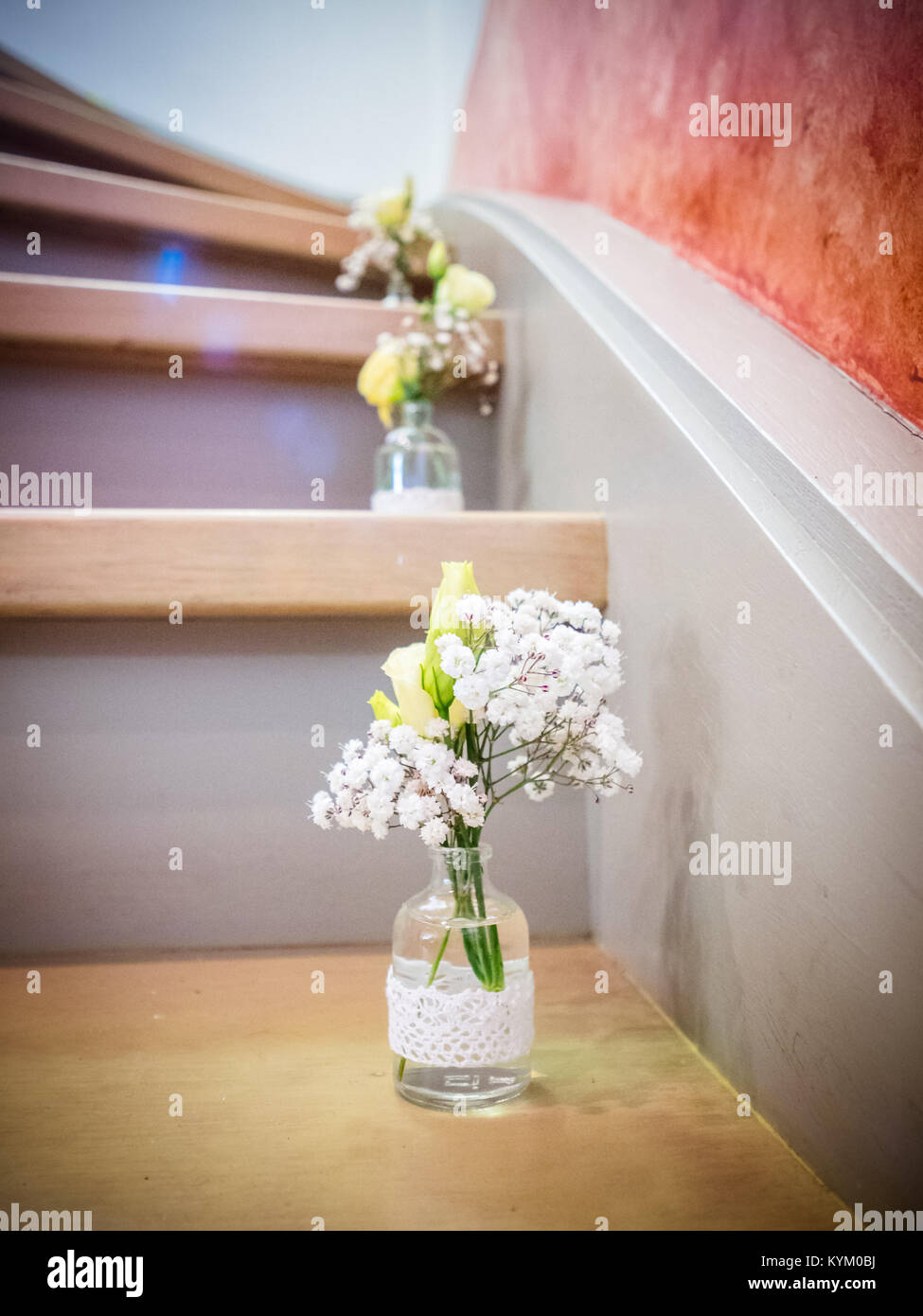 The vase with bouquet of beautiful flowers in room, closeup Stock Photo