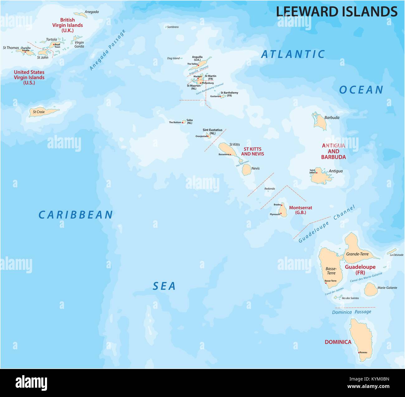 Map of leeward islands, Caribbean island group Stock Vector