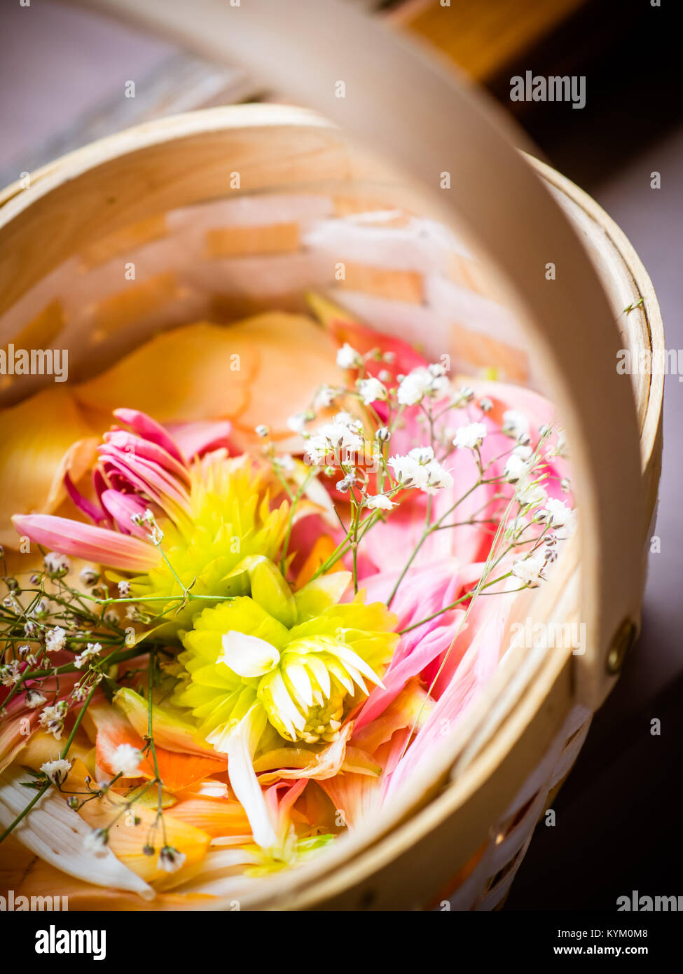 the flower basket for the wedding is waiting for its use Stock Photo