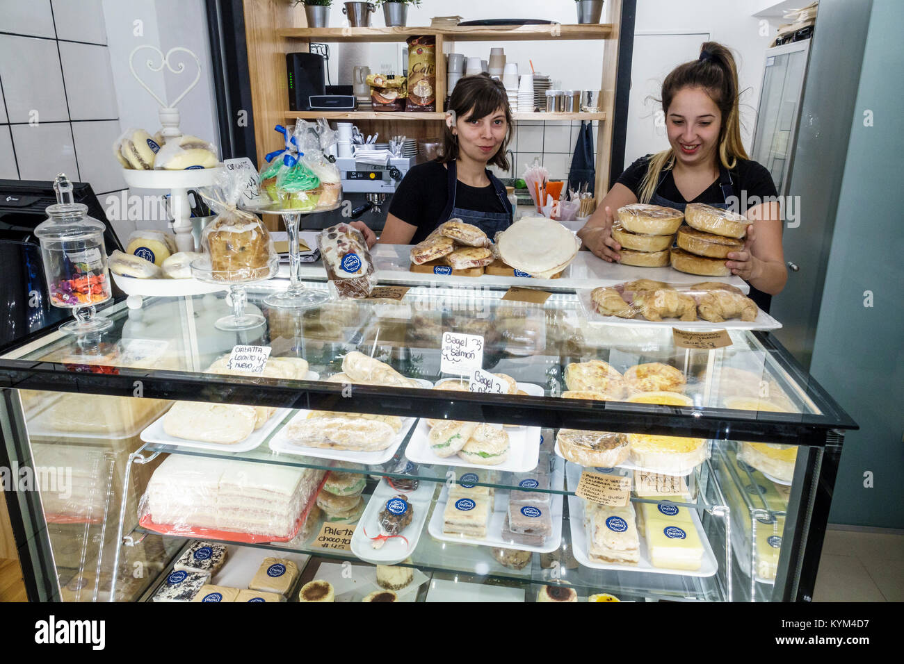 Buenos Aires Argentina,Palermo,Quma Catering & Pasteleria bakery,inside,Hispanic,woman female women,employee,sandwiches,croissants,working,arranging d Stock Photo