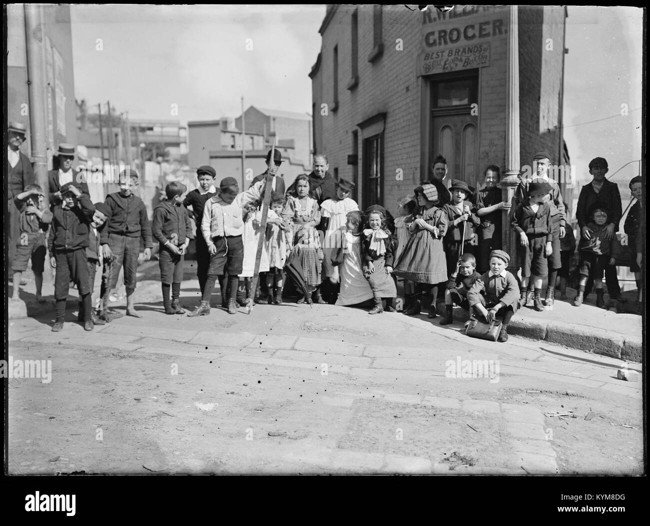A glass negative photograph of The Rocks area in Sydney, taken between 1890 and 1910, showing historic buildings and streets from this time period. Stock Photo