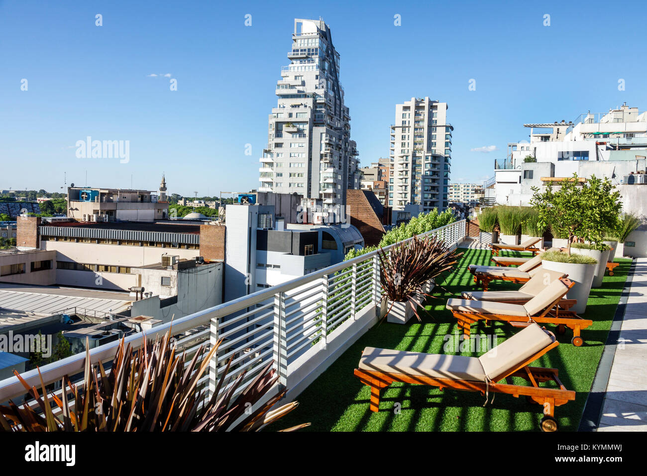 Buenos Aires Argentina,Palermo,Dazzler Polo,hotel,rooftop terrace,city skyline,view,apartment building,architecture,lounge chair,railing,planter,Hispa Stock Photo