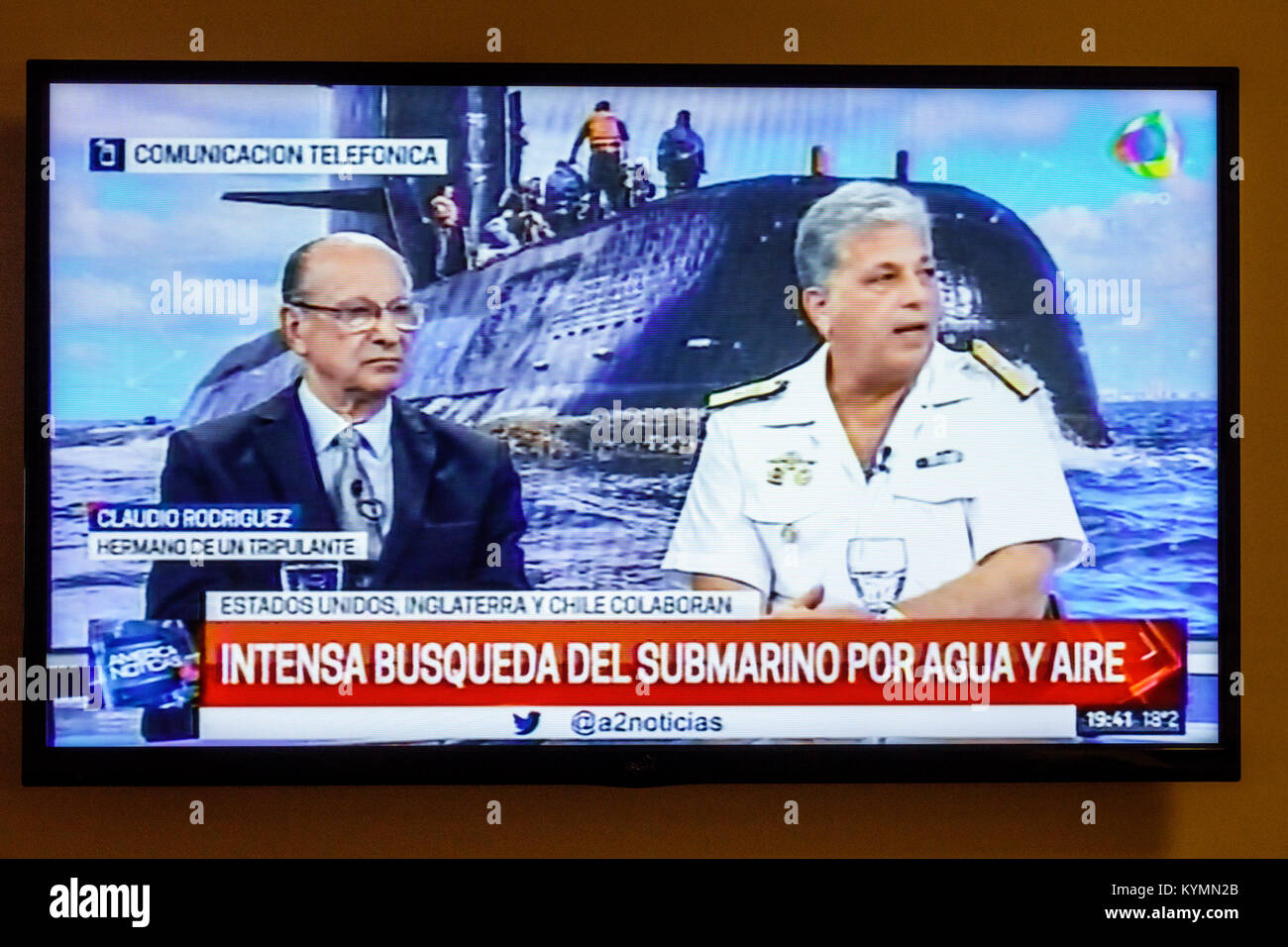 Buenos Aires Argentina,TV television monitor flat screen,breaking news ,headlines,Ara San Juan,lost submarine,Spanish language,international aid,navy,s Stock Photo -
