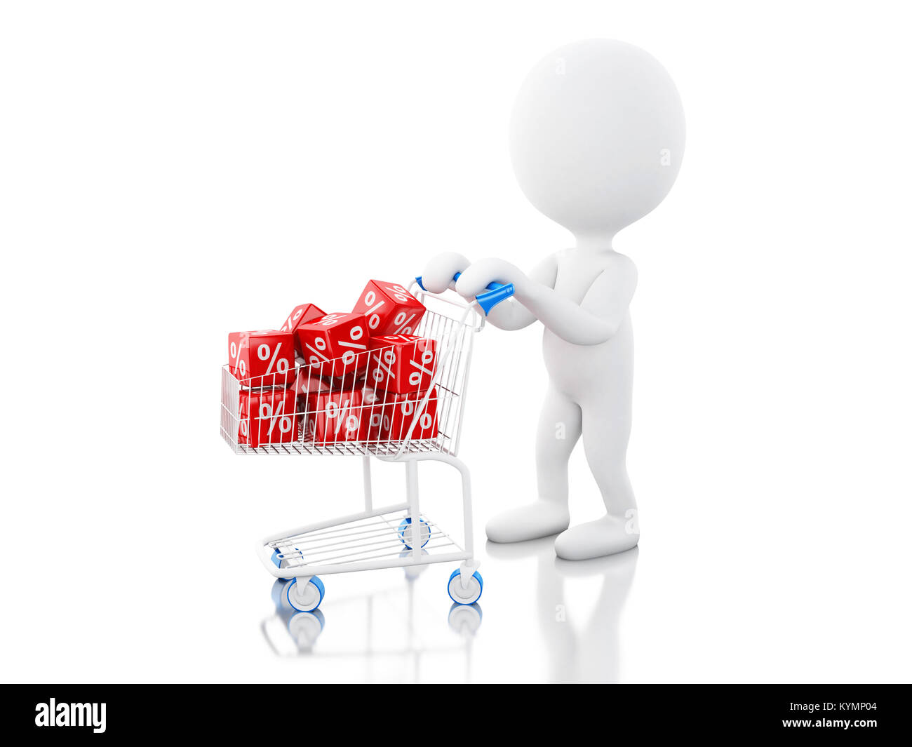 3d illustration. White people and Shopping cart with discount cubes. Shop and sale concept. isolated on white background Stock Photo