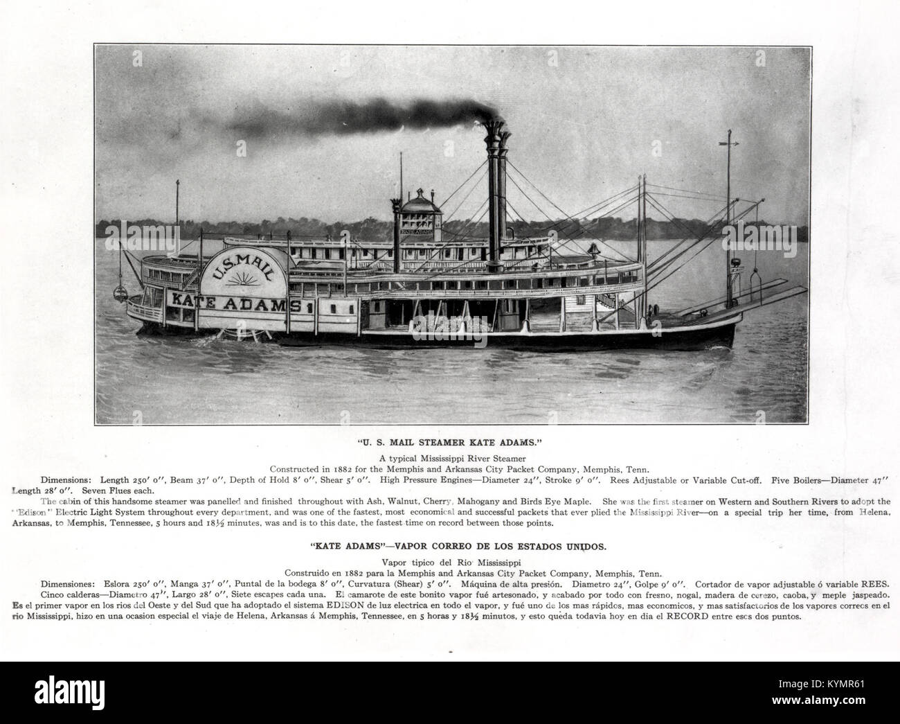 A black and white photograph of the Steamboat Kate Adams, a historical mail steam boat operating on the Mississippi River. The image highlights the boat’s role in transporting U.S. mail during the early 20th century. Stock Photo