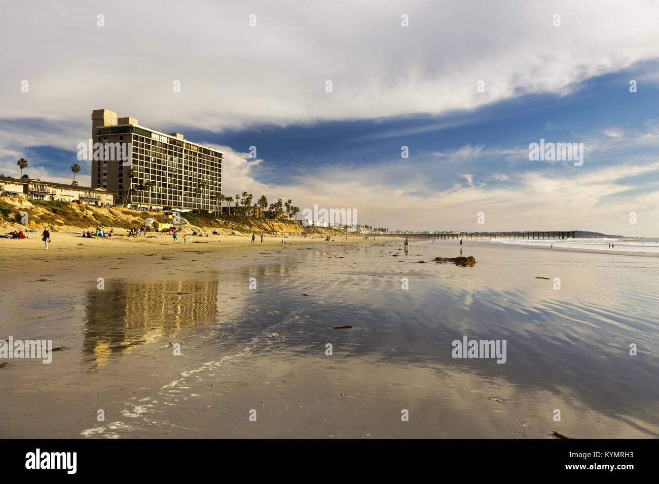 Pacific Beach Scenic Ocean Landscape View and San Diego California Coastline with Distant Waterfront Luxury Hotel Residence on the Horizon Stock Photo