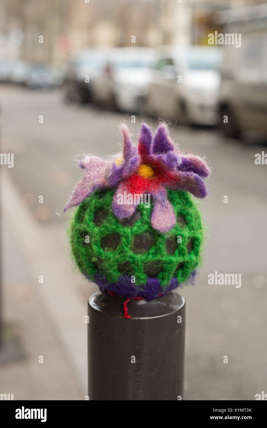 Knitted top of a bollard in Paris, France Stock Photo