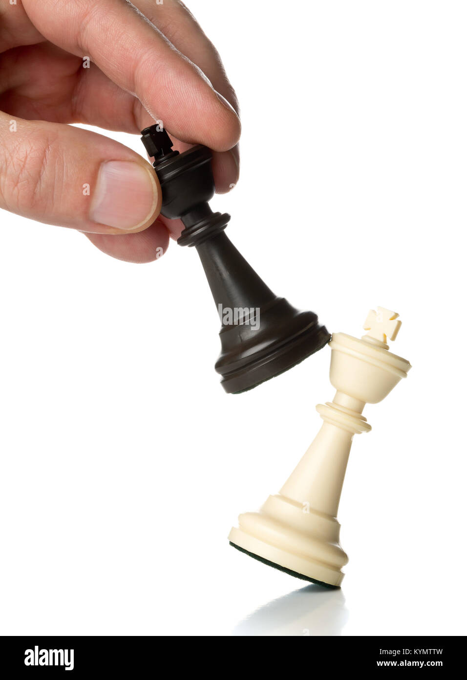 Manager knocking over one chess king figure with another king chess figure - leadership, takeover, promotion or strategy concept over white background Stock Photo
