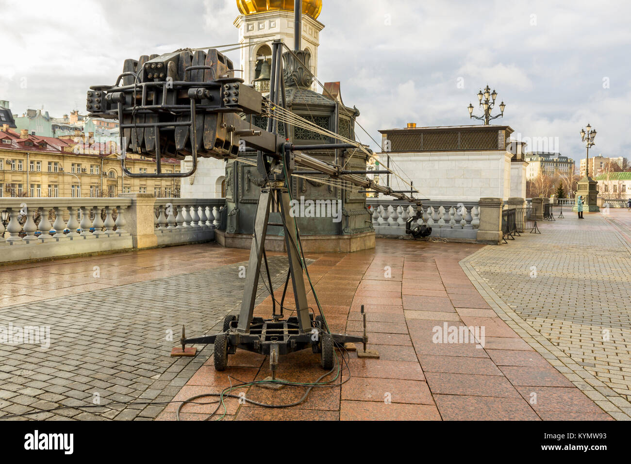 Professional crane for video camera. Equipment for television reporting in open air. Terrace of the Cathedral of Christ the Savior. Stock Photo