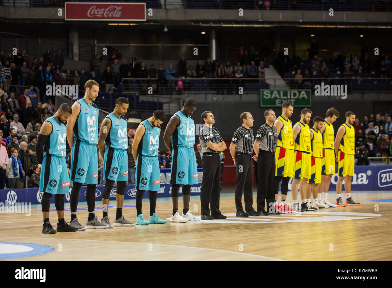Madrid, Spain. 14th Jan, 2018. Silence minute during Movistar Estudiantes victory over Morabanc Andorra (81- 72) in Liga Endesa regular season game (day 16) celebrated in Madrid at Wizink Center. January 14th 2018. Credit: Juan Carlos García Mate/Pacific Press/Alamy Live News Stock Photo