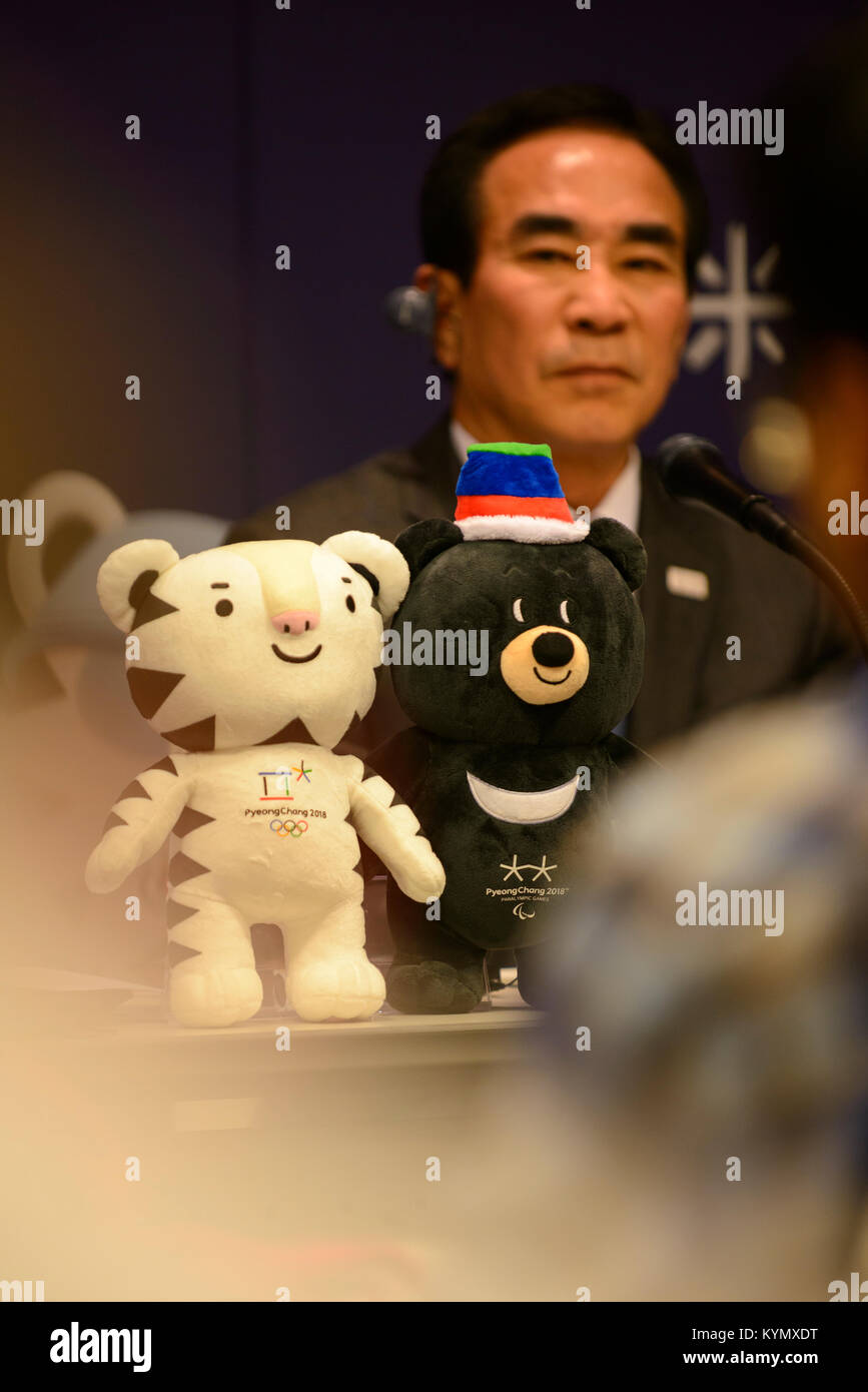 2018 Korea Winter Olympic mascot Soohorang and Paralympic mascot Bandabi at the official press conference held in Gangwon-do Stock Photo