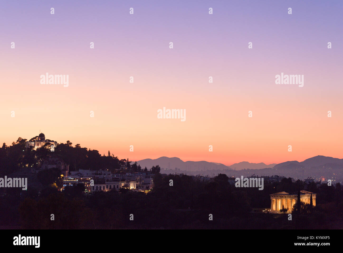 Sunset view of Athens ancient Agora, with Hephaistos temple and the ...