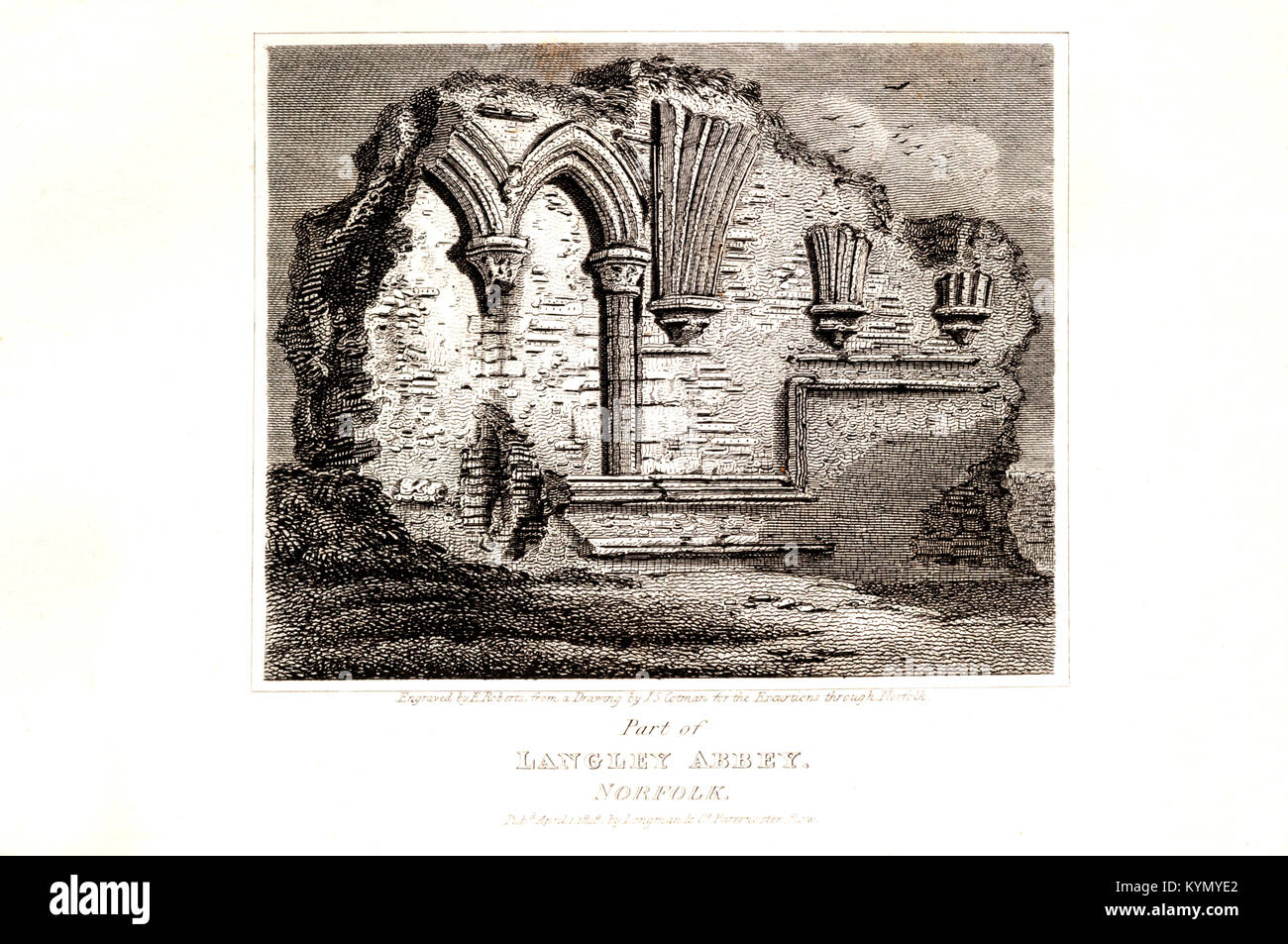 Engraving of Part of Langley Abbey, Norfolk by E. Roberts from a drawing by J S Cotman.  From Excursions through Norfolk 1818. Stock Photo
