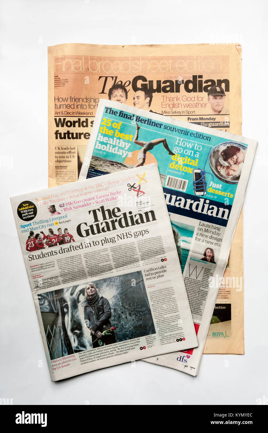 The final broadsheet copy of The Guardian newspaper, the final Berliner copy and the first tabloid size copy showing different relative sizes Stock Photo