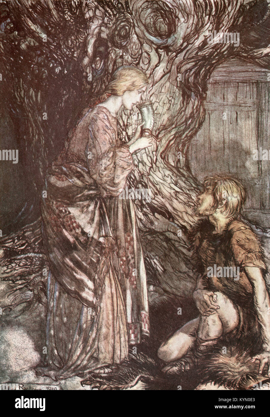 An illustration by Arthur Rackham from 'The Rhinegold & The Valkyrie', captioned - ' This healing and honeyed. Draught of mead. Deign to accept from m Stock Photo