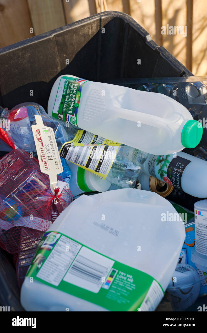 Close up of household single use plastic plastics bottles in a recycle recycling waste box