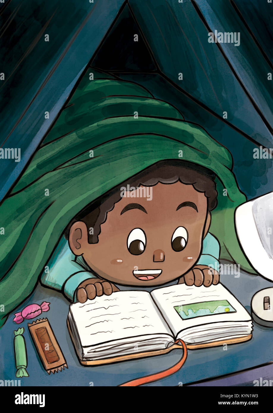 Black Boy Hiding Beneath the Blanket Reading a Picture Book Stock Photo