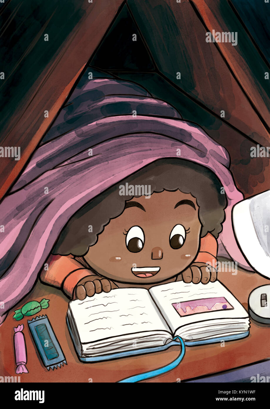 Black Girl Hiding Beneath the Blanket Reading a Picture Book Stock Photo