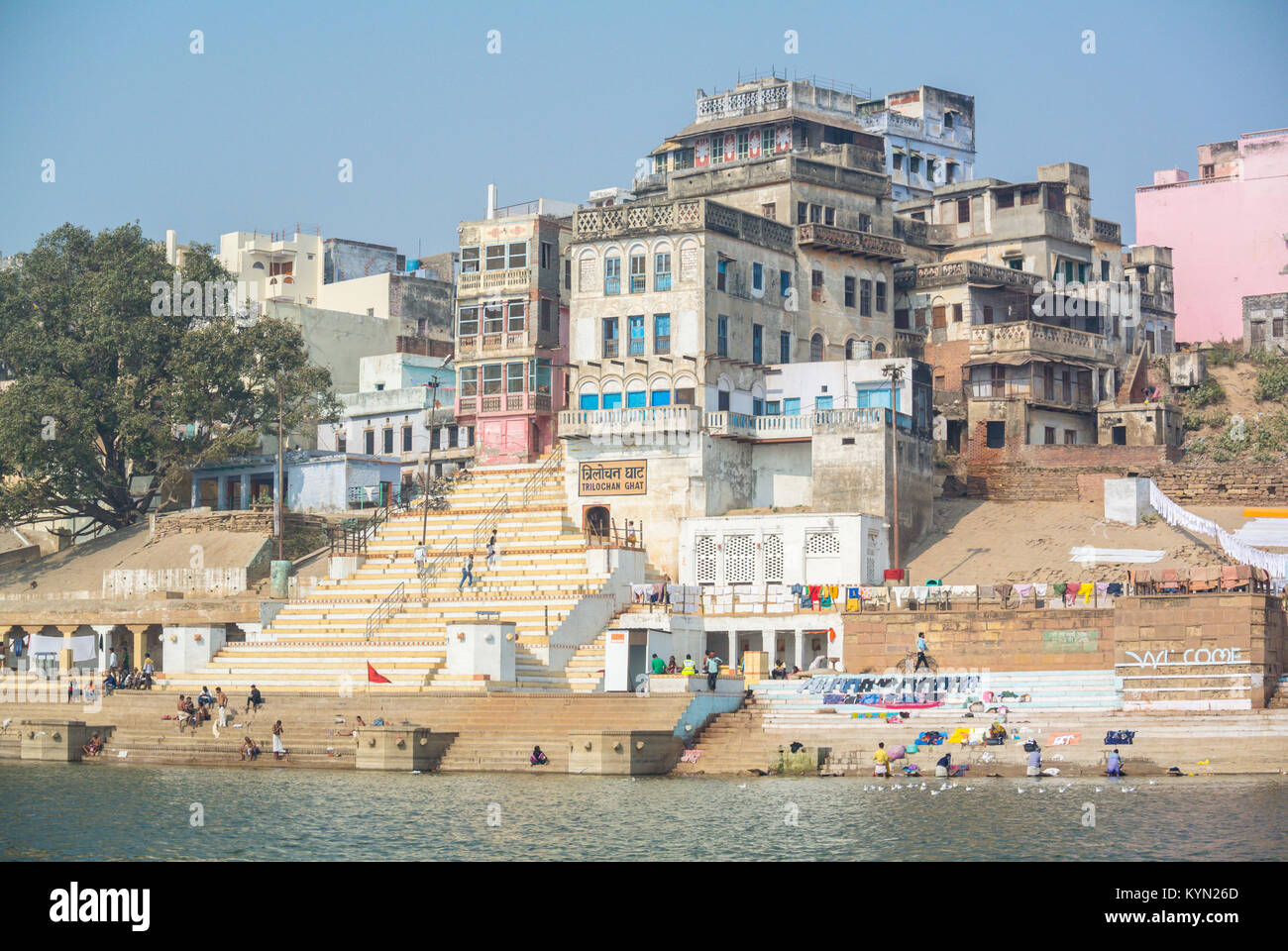 Varanasi, Uttar Pradesh, India, Cityscape of Banares seen from the Ganges river Stock Photo