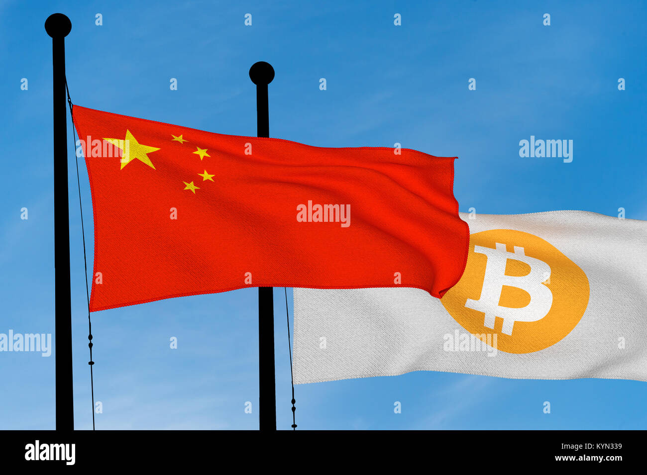 China flag and Bitcoin Flag waving over blue sky (digitally generated image) Stock Photo